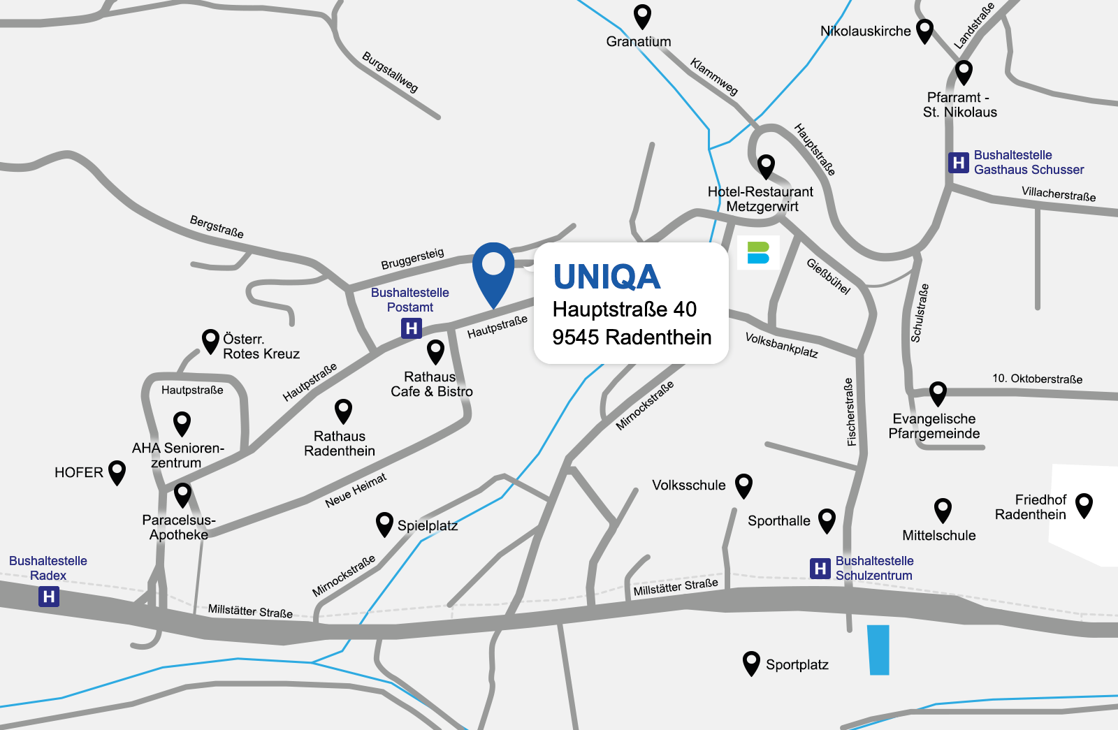 Eine detaillierte gezeichnete Karte der UNIQA Generalagentur Pertl